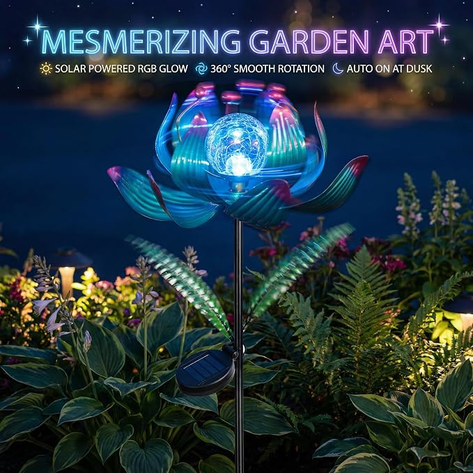 Solar Wind Spinner Outdoor Metal - Kinetic Lotus Flower Garden Sculptures & Spinners with Crackle Glass Lighting, 360° Spinning Yard Art Decor for Patio, Lawn, Pathway, Gifts for Women