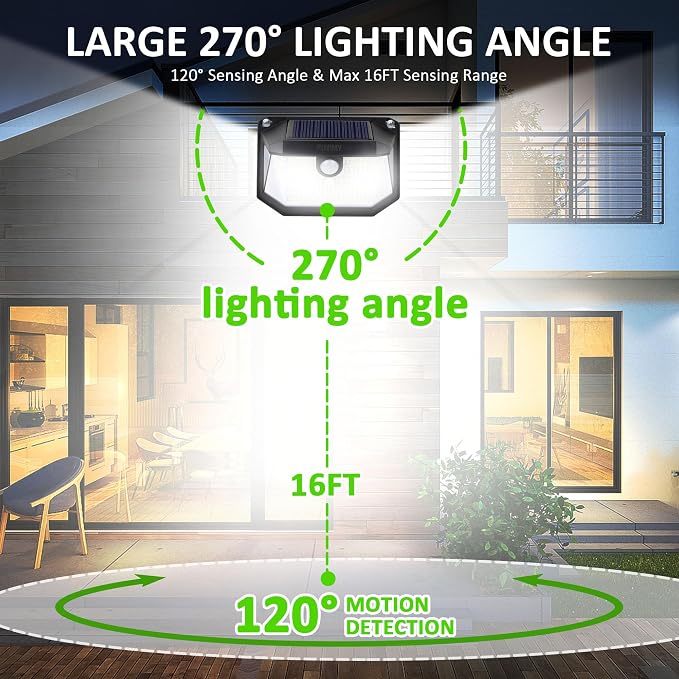 Solar Outdoor Lights, 230 LED with Motion Sensor and 3 Modes, IP65 Waterproof, 270° Wide Angle Light, Easy-to-Install Intelligent Security Wireless Wall Lights for Patio, Garden, Fence(2 Pack)