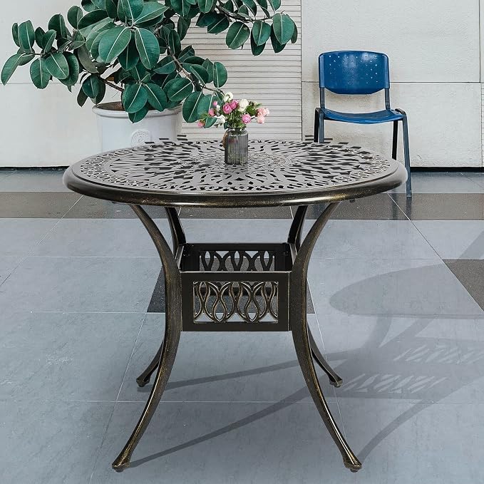 35.4 Inch Outdoor Dining Table Round Patio Table Bronze Cast Aluminum Rustic Large Table with Umbrella Hole