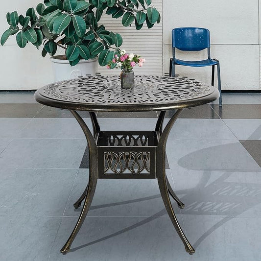35.4 Inch Outdoor Dining Table Round Patio Table Bronze Cast Aluminum Rustic Large Table with Umbrella Hole