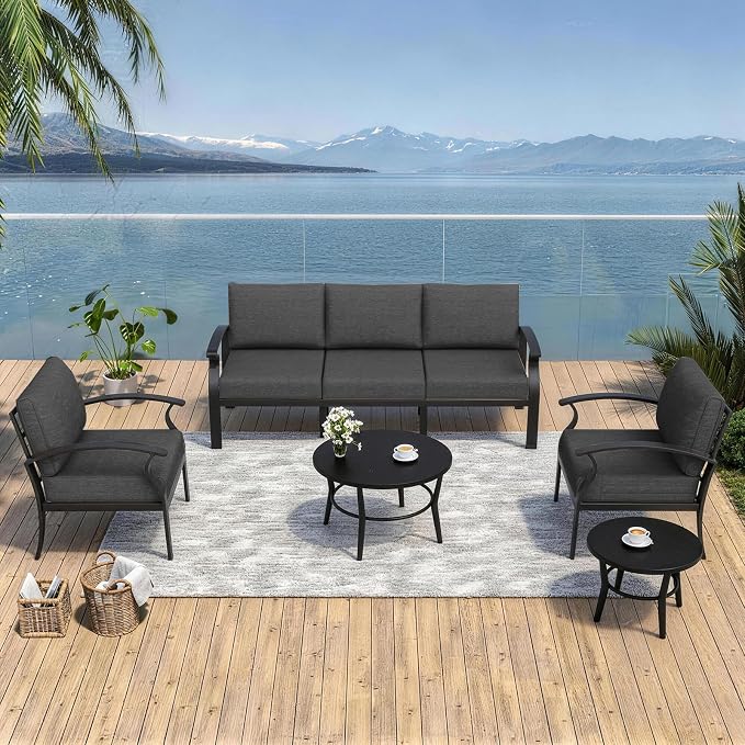 Kurapika Aluminum Patio Furniture Set 5-Seat Modern Metal Outdoor Conversation Sets w/5.1 Inch Cushion Patio Sectional Sofa with 2 Round Coffee Tables, Black