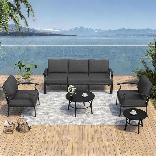 Kurapika Aluminum Patio Furniture Set 5-Seat Modern Metal Outdoor Conversation Sets w/5.1 Inch Cushion Patio Sectional Sofa with 2 Round Coffee Tables, Black