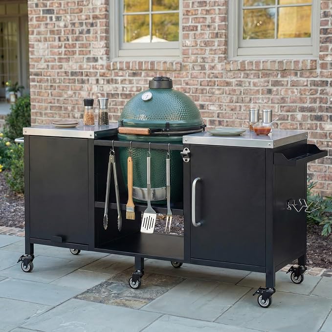 72.4" Large Grill Table for Large Big Green Egg,Metal Outdoor Grill Cart with Fold-out Prep Table,Adjustable Shelves,Spice Rack,Outdoor Kitchen Island for Big Green Egg,Kamado Joe Classic (Black#23)