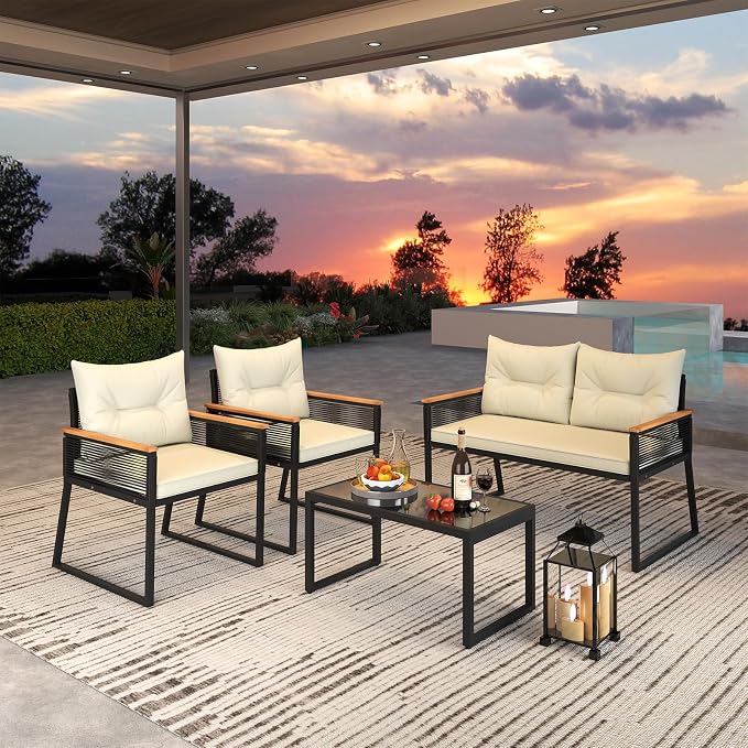 Tangkula 8 Pieces Patio Wicker Furniture Set, Heavy Duty Outdoor Cushioned Conversation Set with Tempered Glass Coffee Table, for Garden, Yard and Poolside (Off White,4)