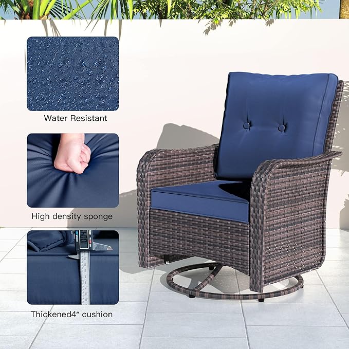 Kullavik 10PCS Outdoor Patio Furniture Set,PE Wicker Rattan Sectional Sofa Patio Conversation Sets with 43" 55000BTU Gas Propane Fire Pit Table,Swivel Rocking Chairs Set,Navy Blue
