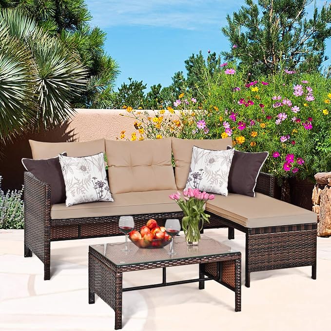 RELAX4LIFE 3-Piece Patio Furniture Set, Outdoor Wicker Sectional Sofa Set w/Washable Cushion, Tempered Glass Coffee Table, Rattan Conversation Set Outdoor Couch for Garden Backyard Deck (Brown)