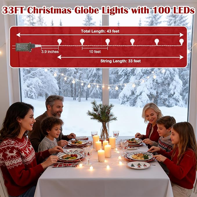 33FT 100LED Christmas Lights Indoor, Globe String Lights for Bedroom 8 Modes with Remote, Outdoor Hanging Fairy Lights for Room Wedding Garden Christmas Tree Party Decor, Warm White