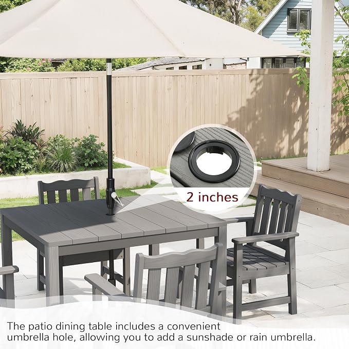 Stoog All-Weather Patio Dining Table for 4, HIPS & Aluminum Frame Outdoor Dining Table with Umbrella Hole, for Garden, Backyard and Lawn, Grey