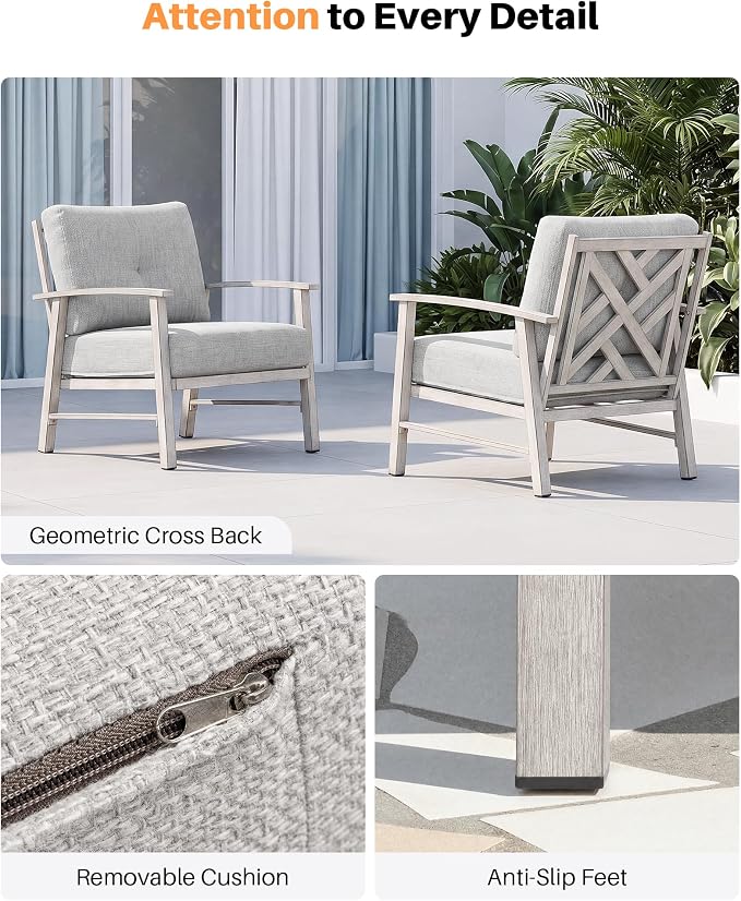 Outdoor Patio Chairs Set of 2, Outdoor Aluminum Armchair Conversation Set with Thick Cushions, 2 Pieces All Weather Patio Furniture Sofa Chairs Set for Garden, Poolside, Lawn, White Oak