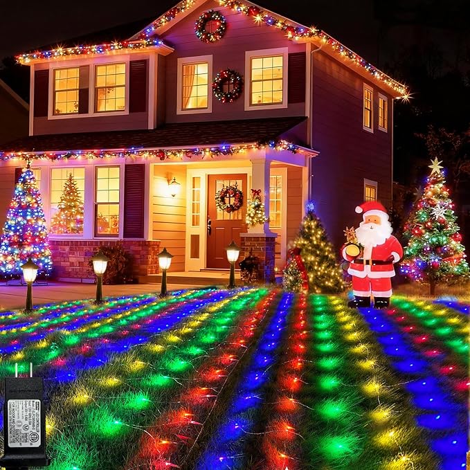 Pooqla Colorful Net Lights, 21x 5ft Christmas Lights Outdoor Clear Wire | 360 LED Large Net Mesh Lights Plug in, 8 Modes Waterproof Connectable Bushes Lights for Christmas Hedge Yard Decor