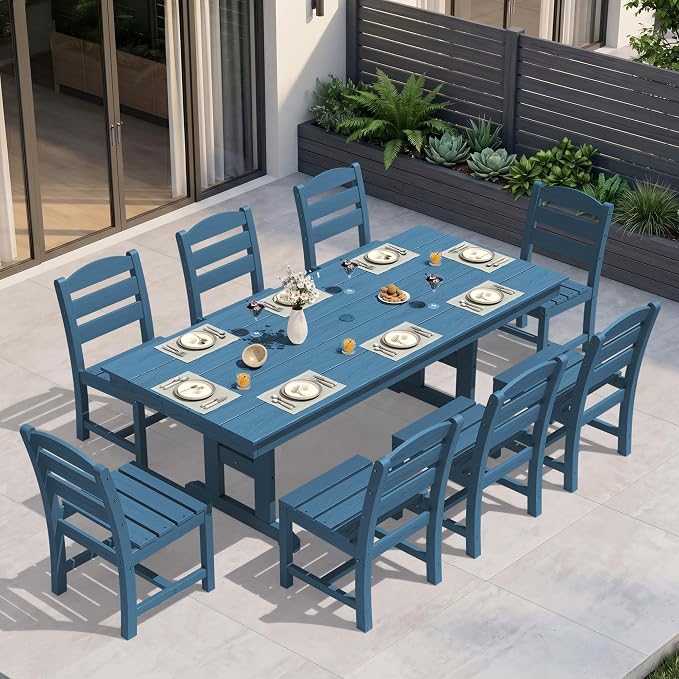 KINGYES 8-Seat Outdoor Patio Dining Set,84 inch HDPE Rectangular Table and Chairs Set，Waterproof Furniture Set with Umbrella Hole for Backyard,Blue