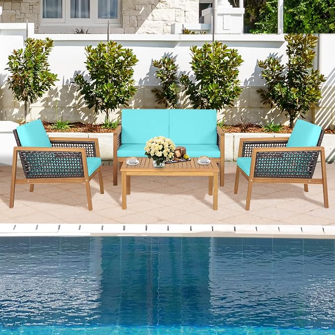 4 Pieces Outdoor Acacia Wood Furniture Set, Outdoor PE Wicker Conversation Set with Coffee Table and Soft Cushions, Outdoor Sofa Set for Garden, Poolside and Backyard (1, Turquoise)