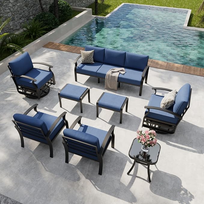 Aluminum Outdoor Patio Furniture Set,7 Seats Patio Conversation Sets with 2 Ottomans,Metal Patio Sectional Furniture Set with 2 Swivel Rocking Chairs,Navy Blue