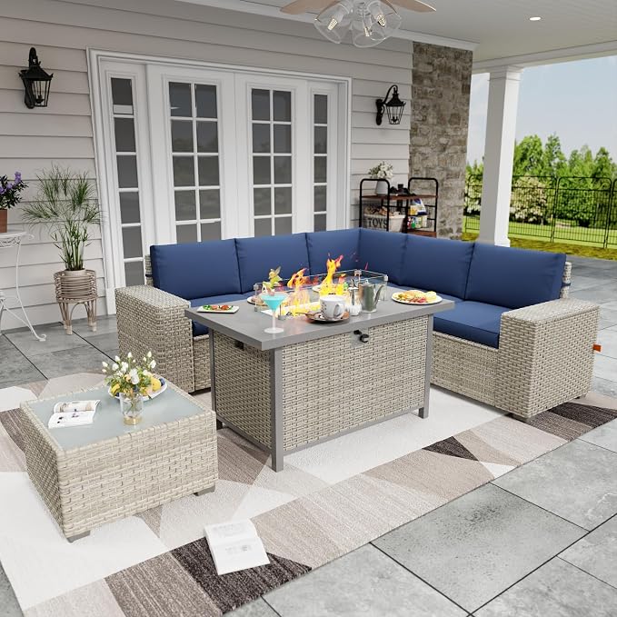 7 Piece Patio Furniture Set with 50,000 BTU Rattan Fire Pit Table that Converts to Coffee Table, 9.8" Wide Arm Sectional Sofa with Storage Armrests, Outdoor Rattan Conversation Set, Blue