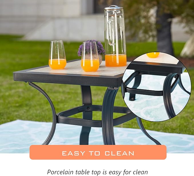 LOKATSE Home 21" Outdoor Square Patio Bistro Side Table Metal Steel Legs with Ceramics Top