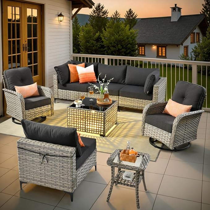Patio Sectional Outdoor Furniture Set with Swivel Rocking Chairs and Glowing Table,8 Pieces Wicker Conversation Sets Modular Couch Out Door Sofa Outside Furniture for Garden Deck Yard Porch,Black