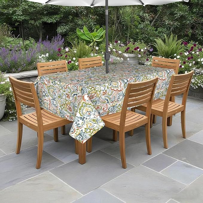 DYTXIII Outdoor Rectangle Tablecloth with Umbrella Hole and Zipper 84" x 60", Water Repellent Floral Picnic Cover, Fade & Wrinkle Resistant Tablecloth for Patio/Garden/Party Table, Paisley Botanical