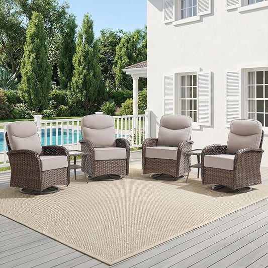 HUMMUH 4PCS Outdoor Swivel Rocker Patio Chairs with 6-inch Thick Cushion, Luxury High Back Patio Furniture Set,Wicker Conversation Set for Deck Yard and Poolside