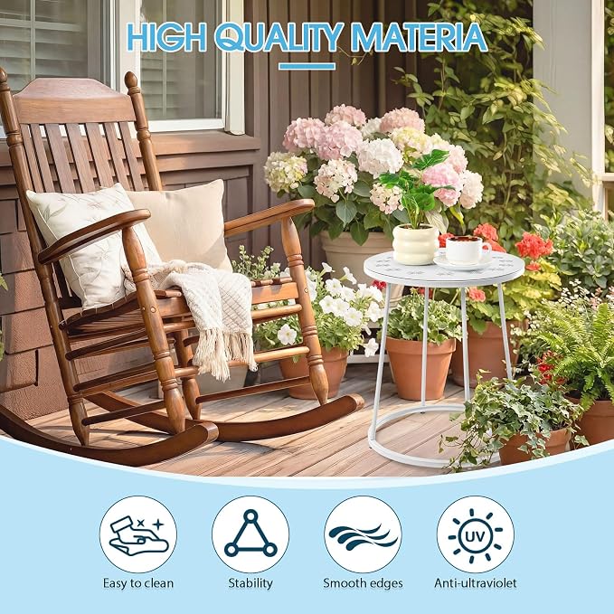 Vercraft Small Outdoor Side Table, 14" Patio Side Tables with Flower Cut Outs Weather Resistant Metal Outdoor End Table for Patio Outside Porch Balconies Garden(White,Fashion)