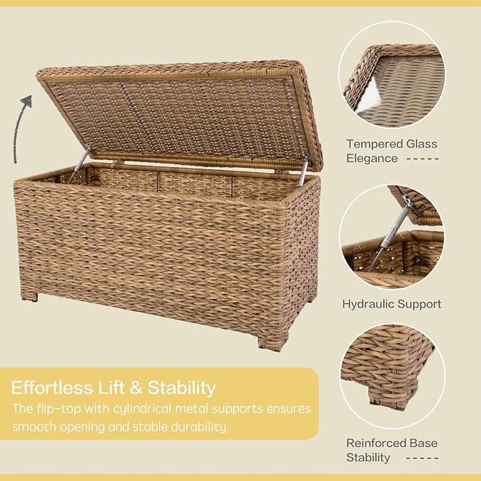 Laguna Point 40'' Outdoor Wicker Coffee Table w/Flip-Top Storage, HDPE Rattan Patio Center Table with Tempered Glass Top, Tan