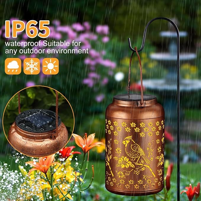 Solar Lanterns Outdoor Waterproof Garden Decor Gifts for Women Mom Grandma | Garden Lantern with Flower Shadow Projection, Decorative Solar Light for Patio Porch Yard Tree (Red Bird)