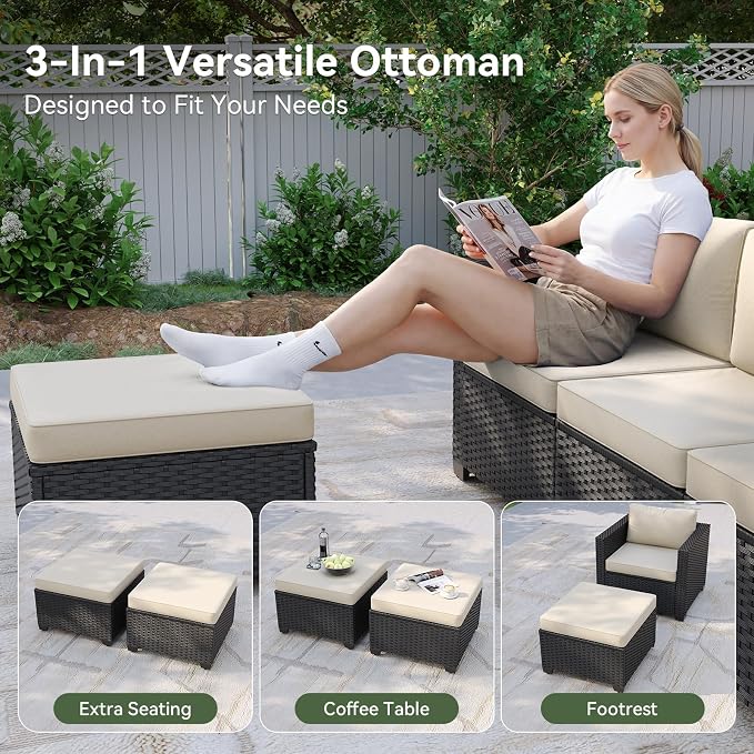 Aoxun Patio Furniture Set with Fire Pit Table, 6 Piece Outdoor Furniture Set with Wicker Ottomans, Rattan Outdoor Patio Sectional Sofas with Thickened Cushion & Waterproof Cover Beige