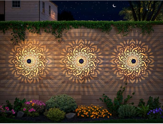 4 Pack Large Solar Fence Lights Metal Solar Powered Outdoor Wall Deck Step Lights Mandala Theme Waterproof Fence Light for Garden Post Patio Backyard Yard Decor, Gardening Gifts for Women Mom Grandma