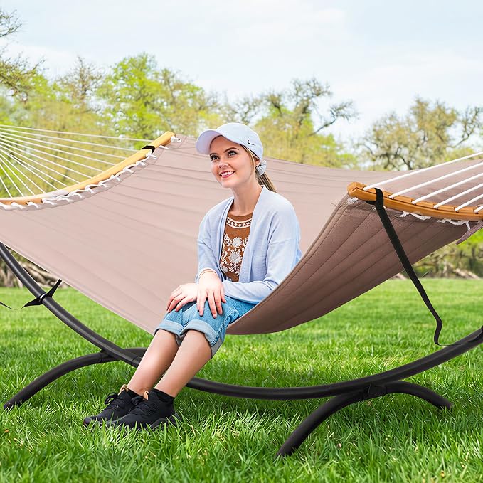 SUNCREAT Portable Double Hammock with Stand, Outdoor Standing 2 Person Hammock Combo, Patent Pending, Tan
