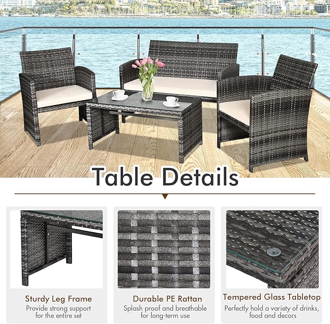 Outdoor Conversation Set, 8 Pieces Wicker Patio Furniture Set with Ergonomic Curved Design, Patio Chair Set with Water-Resistant Cushion & Tempered Glass Table for Backyard, Porch(Beige)
