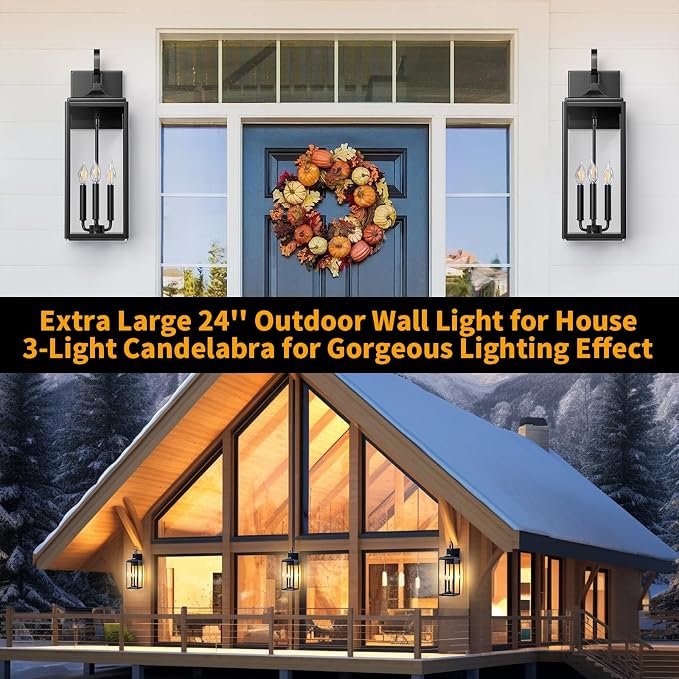 24" Extra Large Outdoor Wall Light 2 Packs, Exterior Lighting Fixtures | Black Outdoor Porch Lantern Wall Mounted, Waterproof Modern Outside Wall Sconce, E12 3-Light Coach Lamp for House Garage