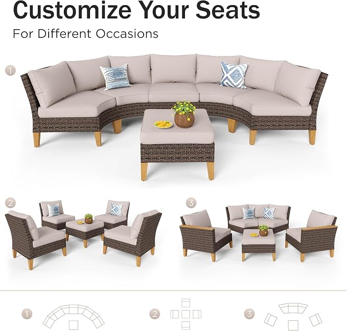PHI VILLA 7-Piece Half Moon Patio Furniture Set with 56" Fire Pit Table, Outdoor Wicker Sectional Sofa with Thick Beige Cushions, Large Curved Conversation Seating for Garden or Backyard