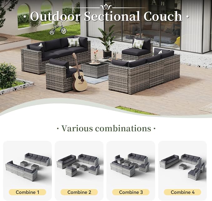 Aoxun 10 Piece Patio Furniture Set Wicker Rattan Patio Conversation Set Outdoor Sectional Sofa Set with Coffee Table and Thickened Cushions, Gray/Black