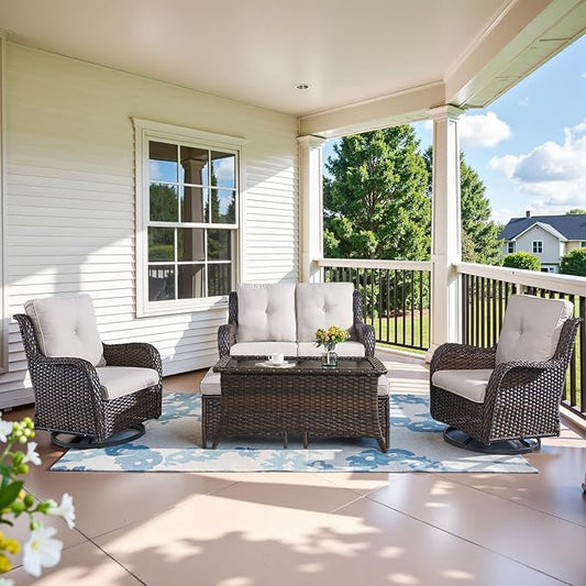 Belord 6 Piece Wicker Patio Furniture Set, Outdoor Swivel Rocker Chairs Set of 2 with Ottomans and Loveseat, All Weather Patio Conversation Furniture Set, for Pool,Yard,SunroomBrown Wicker/Beige
