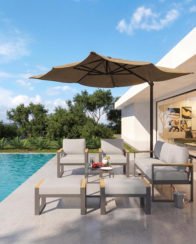 Garvee Aluminum Outdoor Patio Furniture Set with Coffee Table | 5 Piece Patio Conversation Sets with Washable Thick Cushions, Outdoor Sectional Furniture Set for Porch, Balcony, Deck, Yard,