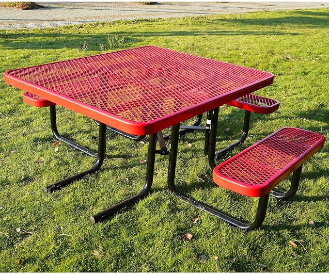 ADA Outdoor Picnic Table, Expanded Metal, Wheelchair Accessible, Red, 46 Inch Square
