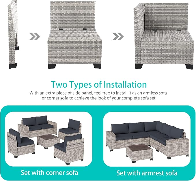 12-Piece Outdoor Patio Furniture Set with Rocking Swivel Chair, PE Wicker Rattan Sectional Sofa 55,000 BTU Fire Pit Table Patio Conversation Set with Ottomans and Chunky Arms, Dark Grey