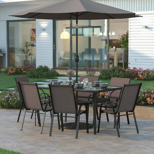 EMMA + OLIVER Bartlett 7-Piece Outdoor Dining Set, Patio Table with Tempered Glass Top and Umbrella Hole, 6 Flex Comfort Textilene Stack Chairs, 60", Brown/Black