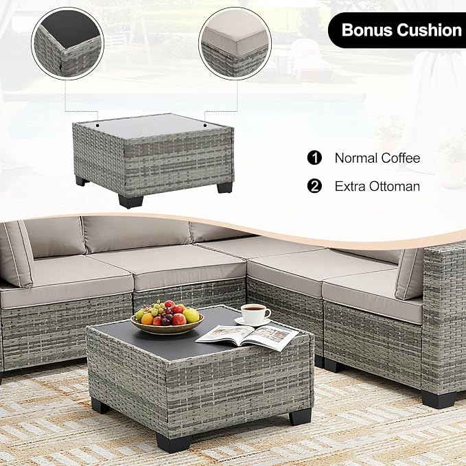 CANMOV 5 Pieces Patio Furniture Sets, All Weather Outdoor Patio Conversation Set, PE Wicker Rattan Sectional Sofa Couch Glass Coffee Table Washable Cushions for Backyard Garden, Poolside, Khaki