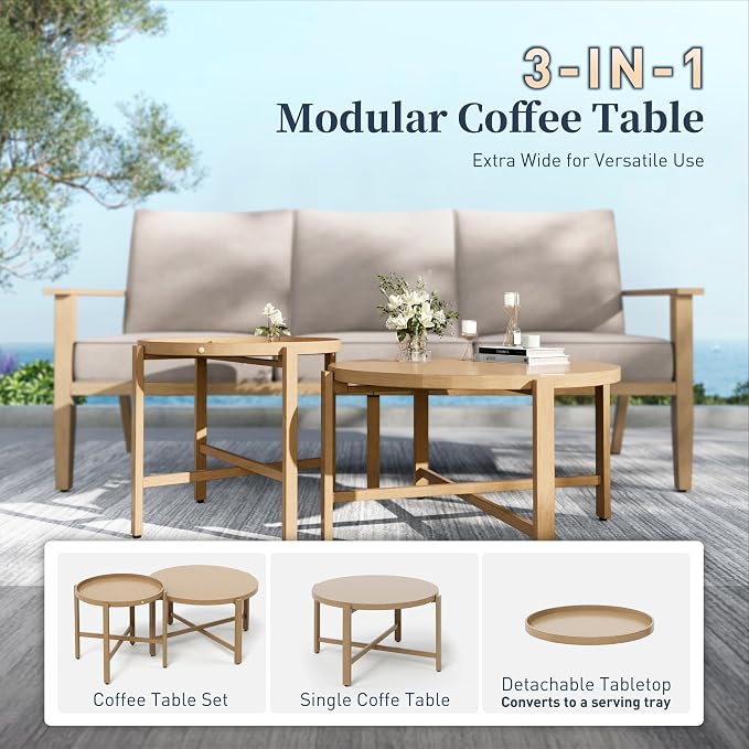 SUNSHINE VALLEY Patio Conversation Set,5 Pcs Metal Outdoor Furniture with 3-Seater Sofa,2 Swivel Chairs,Metal Nested Table and 5.75" Extra Thick Cushion for Lawn Garden Backyard,Beige