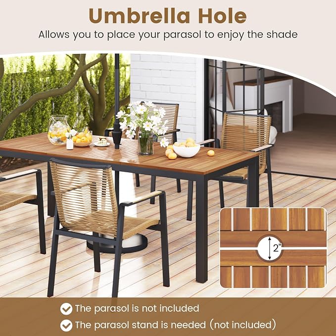 Tangkula 9 Piece Outdoor Wood Dining Set, Patio Rectangular Table with Umbrella Hole and 8 Solid Acacia Armchairs, for Porch, Garden, Backyard, Balcony