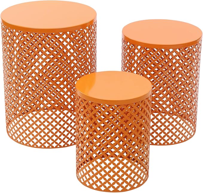 Cylindrical Outdoor Side Tables Set of 3, Metal Frame Accent Table End Table, Vintage Side Tables for Patio Gardens Balconies Cafes Parks (3, Orange)