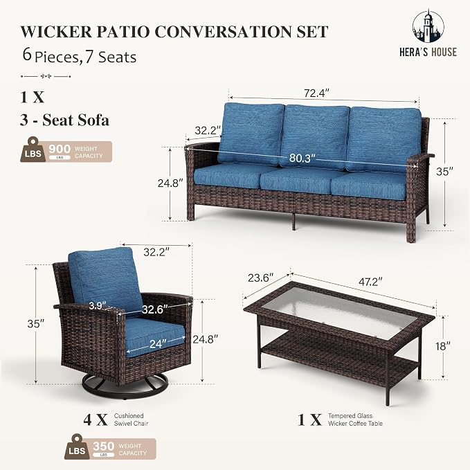HERA'S HOUSE Patio Furniture Set, 6 Pieces Outdoor Wicker Conversation Sets, 4 x High Back Swivel Chairs with 5.5" Thick Cushions for Lawn Deck Backyard, Peacock Blue
