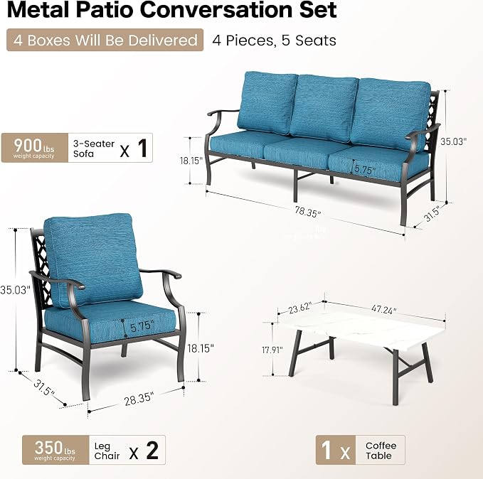 SUNSHINE VALLEY 4 Piece Metal Outdoor Patio Furniture Set, Patio Conversation Set 1 3-seater Sofa, 2 Fixed Chair with 5.75" Extra Thick Cushion and Coffee Table, Black Frame Backyard Furniture, Blue-2
