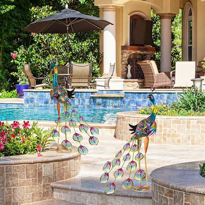 XONOR Metal Peacock Garden Statues Peacock Yard Art Outdoor Sculptures for Home Patio Lawn Backyard Décor, Set of 2