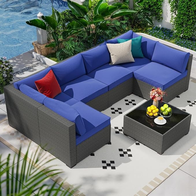 7 Piece Outdoor Patio Furniture Set Modular Rattan Wicker Sectional Sofa Couch with Washable Thick Cushions and Coffee Table Modern Outdoor Conversation Set for Backyard Porch(Purple)