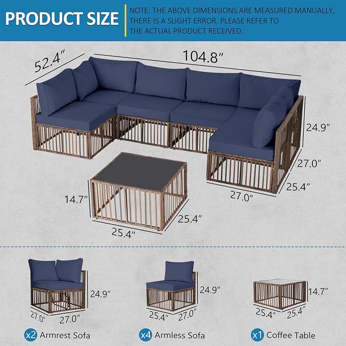 FHFO 7 Piece Outdoor Wicker Patio Furniture Set, Brown/Blue | Sectional Sofa | All-Weather Hand-Woven Rattan | Tempered Glass Coffee Table | Adjustable Backrest | Indoor & Outdoor Use