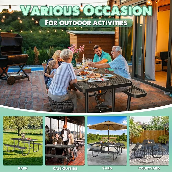 6FT Rectangular Outdoor Picnic Table with Attached Benches, Heavy-Duty Expanded Metal Mesh Patio Table, Commercial-Grade Outdoor Seating for Park, Backyard, Deck, Lawn, Black