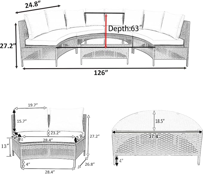 5-Piece Half Moon Outdoor Sectional Sofa Set, Patio All-Weather PE Wicker Furniture with Pillows, Cushions and Half-Moon Tempered Glass Table