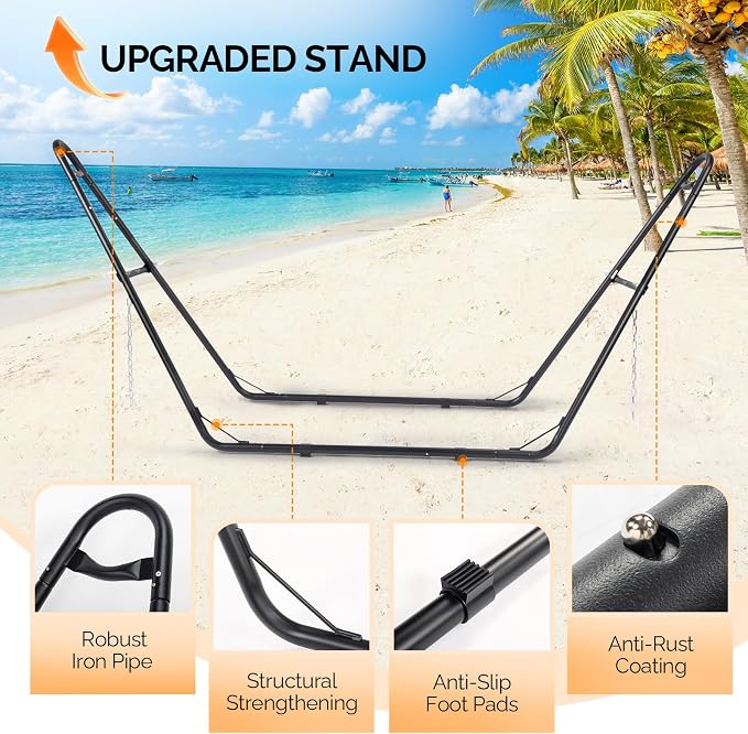 ONCLOUD Double Hammock with Stand for Outside, Rope Hammock with Pillow and Pad, Heavy Duty Hammock Set for Backyard, 550 LBS (White)