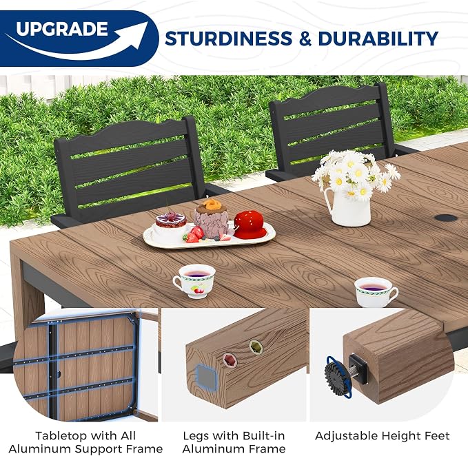Outdoor Dining Table, Weatherproof 63" Rectangle HIPS Patio Dining Table for 6, with 2" Umbrella Hole, Outdoor Table for Backyard Deck Poolside, Teak